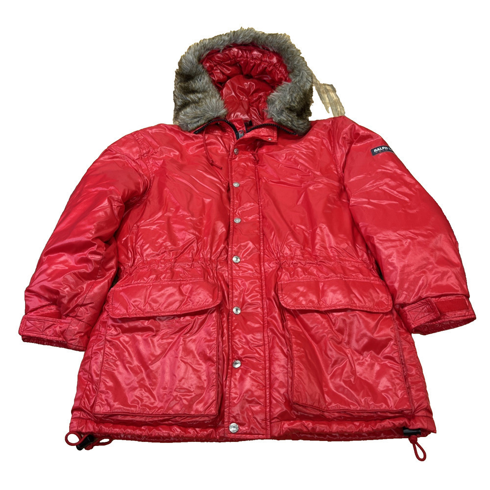 Vtg Ralph Lauren Polo Sport Red Down Puffer Coat Faux Fur Hood Trim Mens Medium